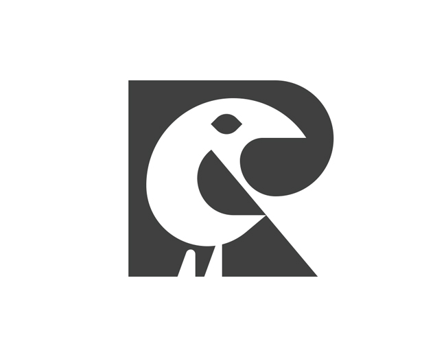                      negative space letter R raven bird typography logo          